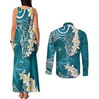 Cyan Polynesian Tribal Frangipani Tropical Vibe Couples Matching Tank Maxi Dress and Long Sleeve Button Shirt LT14 - Polynesian Pride