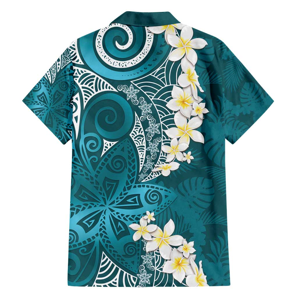 Cyan Polynesian Tribal Frangipani Tropical Vibe Family Matching Long Sleeve Bodycon Dress and Hawaiian Shirt