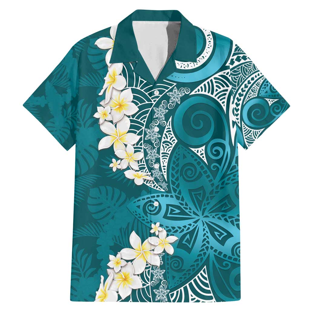 Cyan Polynesian Tribal Frangipani Tropical Vibe Family Matching Mermaid Dress and Hawaiian Shirt