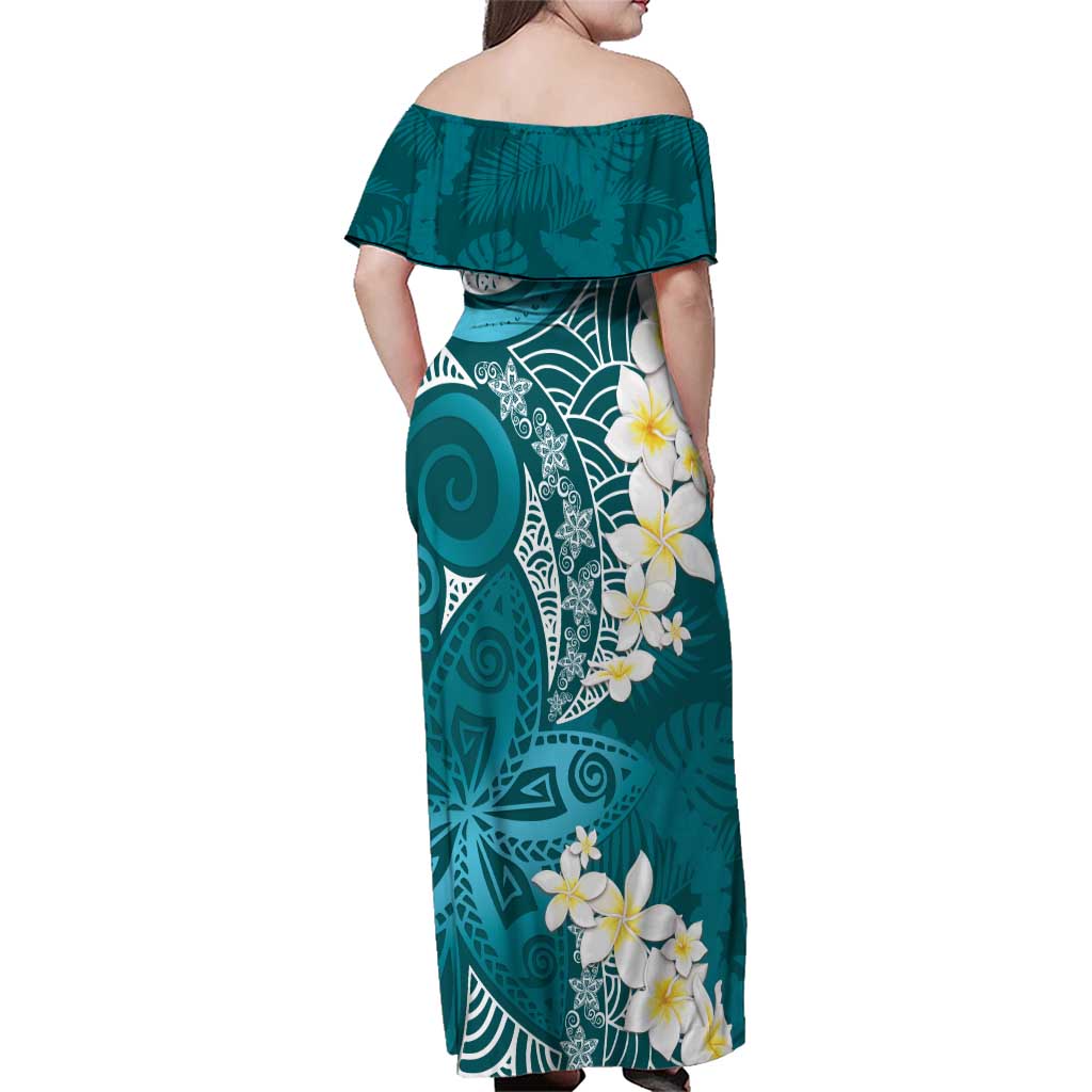 Cyan Polynesian Tribal Frangipani Tropical Vibe Family Matching Off Shoulder Maxi Dress and Hawaiian Shirt