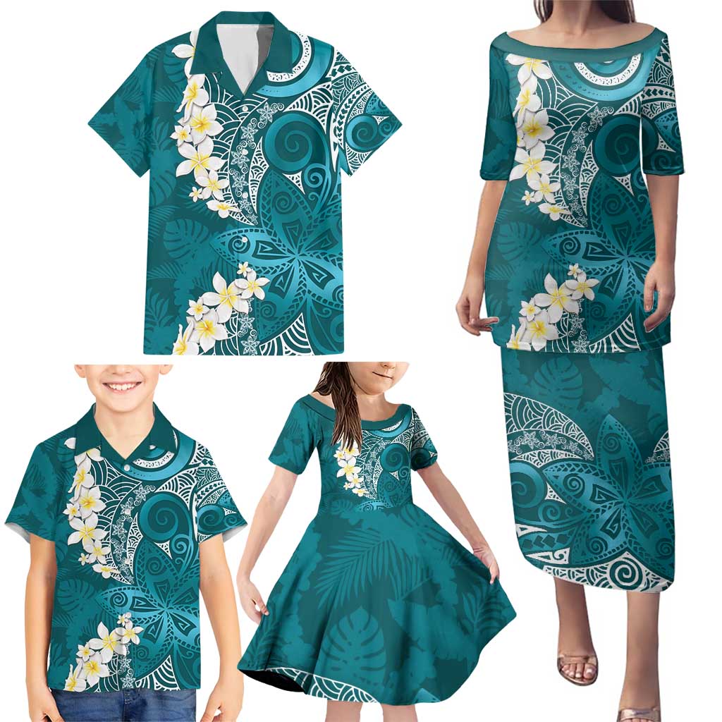 Cyan Polynesian Tribal Frangipani Tropical Vibe Family Matching Puletasi and Hawaiian Shirt