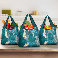 Cyan Polynesian Tribal Frangipani Tropical Vibe Grocery Bag