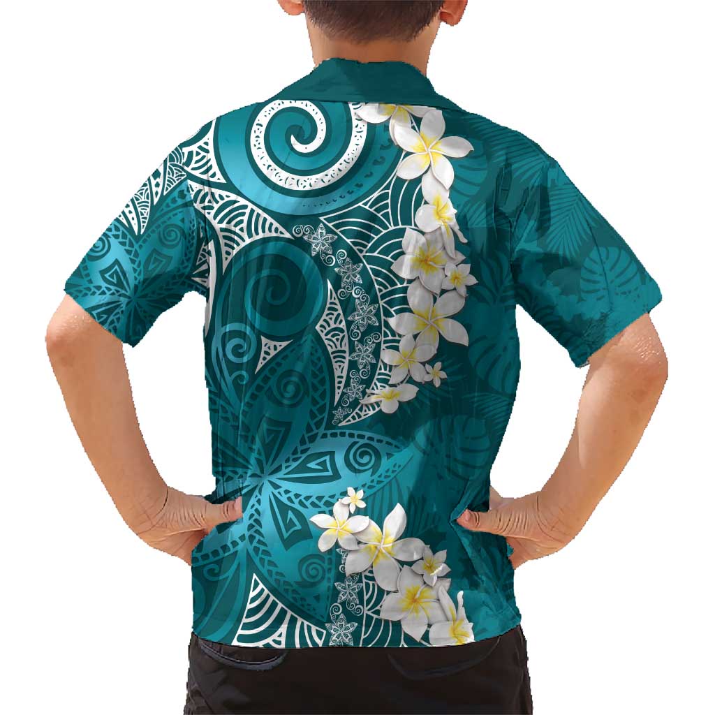 Cyan Polynesian Tribal Frangipani Tropical Vibe Hawaiian Shirt