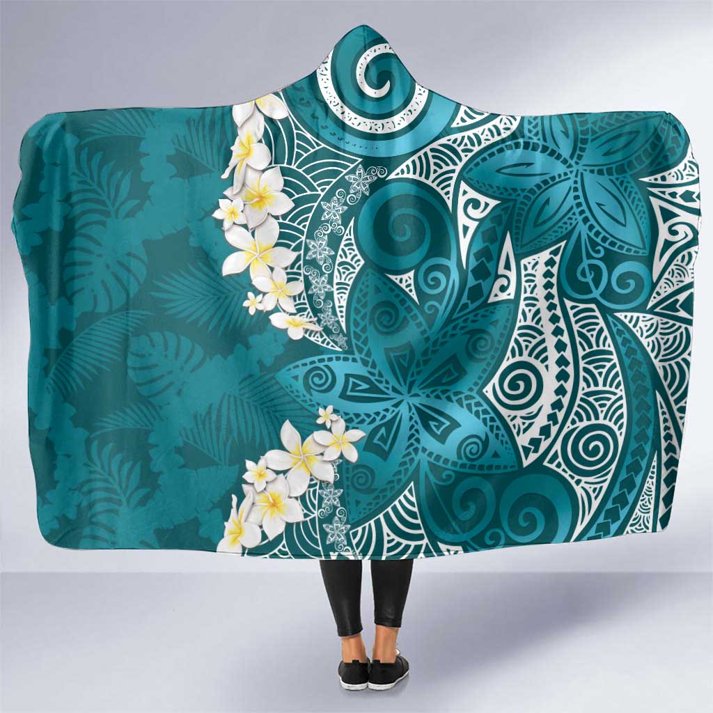 Cyan Polynesian Tribal Frangipani Tropical Vibe Hooded Blanket