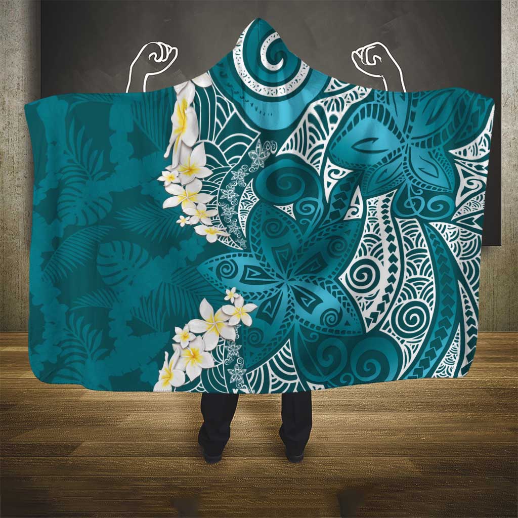 Cyan Polynesian Tribal Frangipani Tropical Vibe Hooded Blanket
