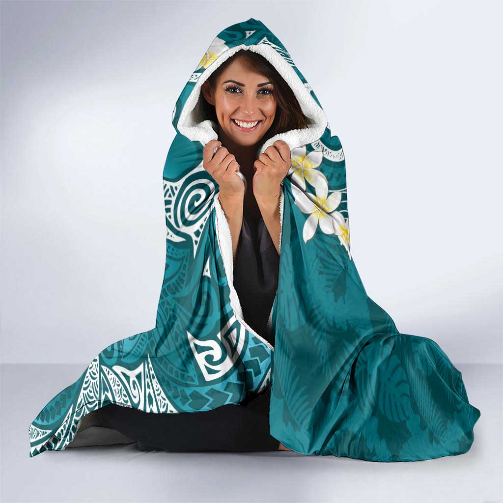 Cyan Polynesian Tribal Frangipani Tropical Vibe Hooded Blanket