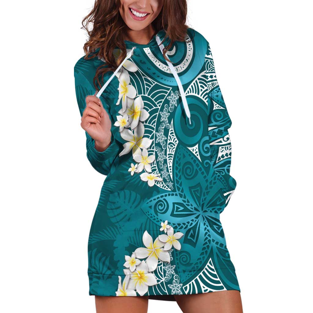 Cyan Polynesian Tribal Frangipani Tropical Vibe Hoodie Dress