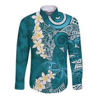Cyan Polynesian Tribal Frangipani Tropical Vibe Long Sleeve Button Shirt