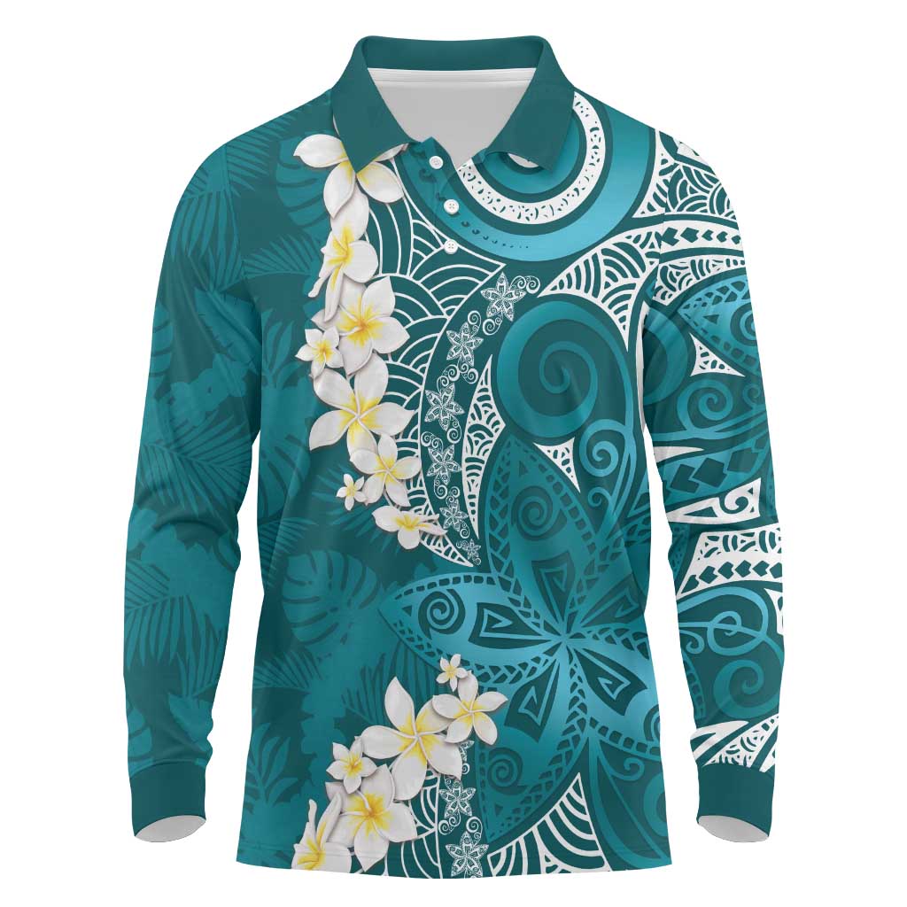Cyan Polynesian Tribal Frangipani Tropical Vibe Long Sleeve Polo Shirt LT14 Cyan - Polynesian Pride