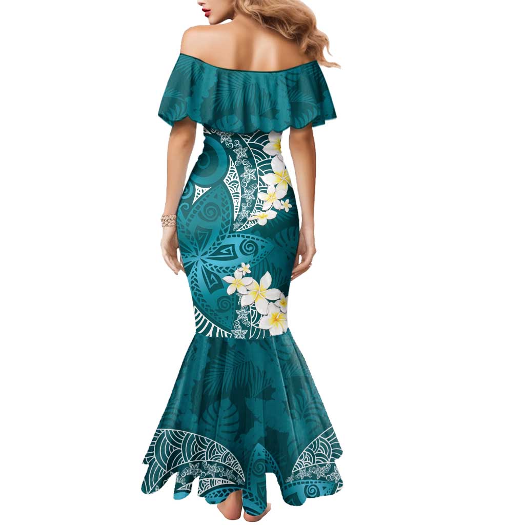 Cyan Polynesian Tribal Frangipani Tropical Vibe Mermaid Dress