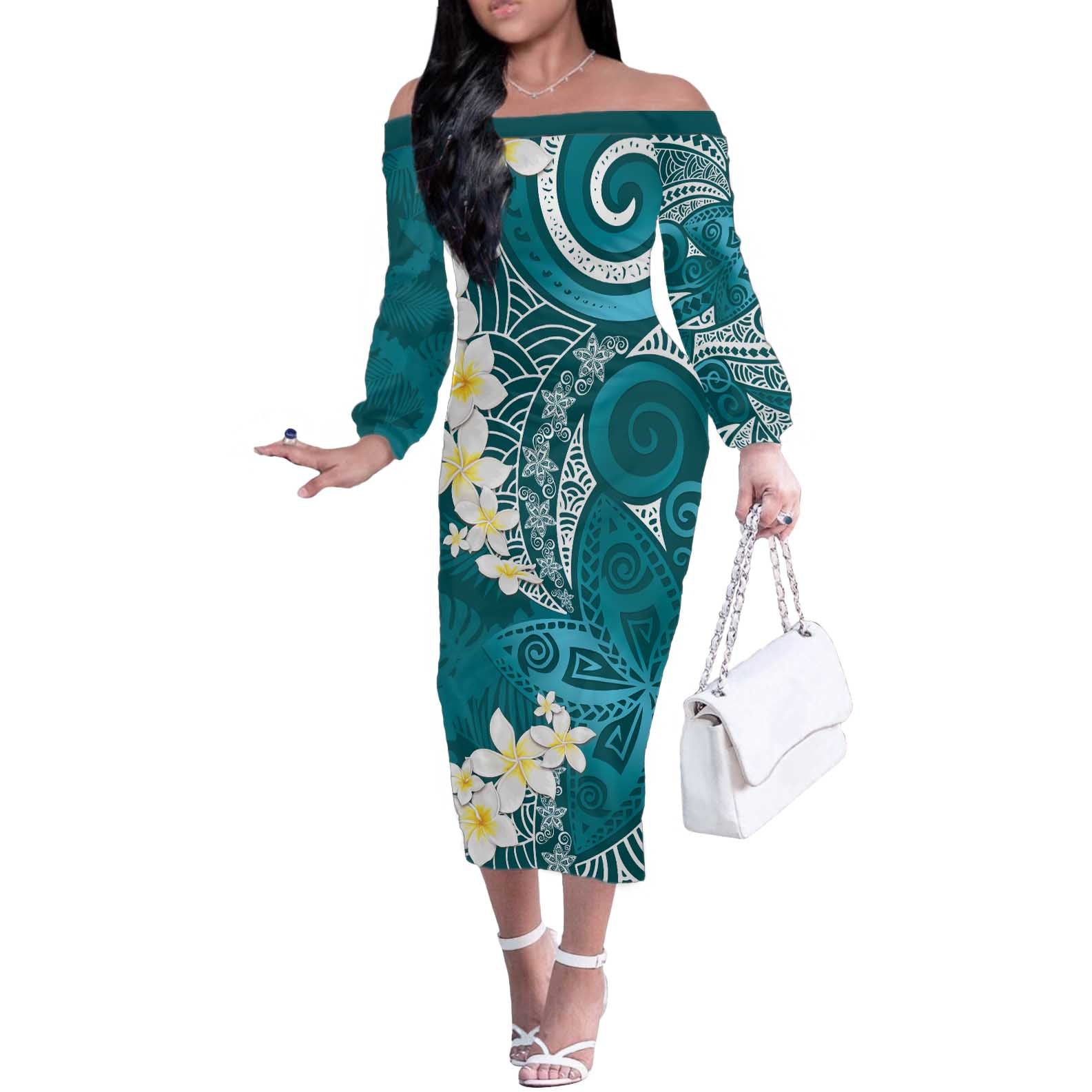 Cyan Polynesian Tribal Frangipani Tropical Vibe Off The Shoulder Long Sleeve Dress
