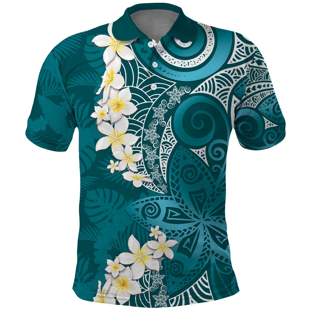 Cyan Polynesian Tribal Frangipani Tropical Vibe Polo Shirt