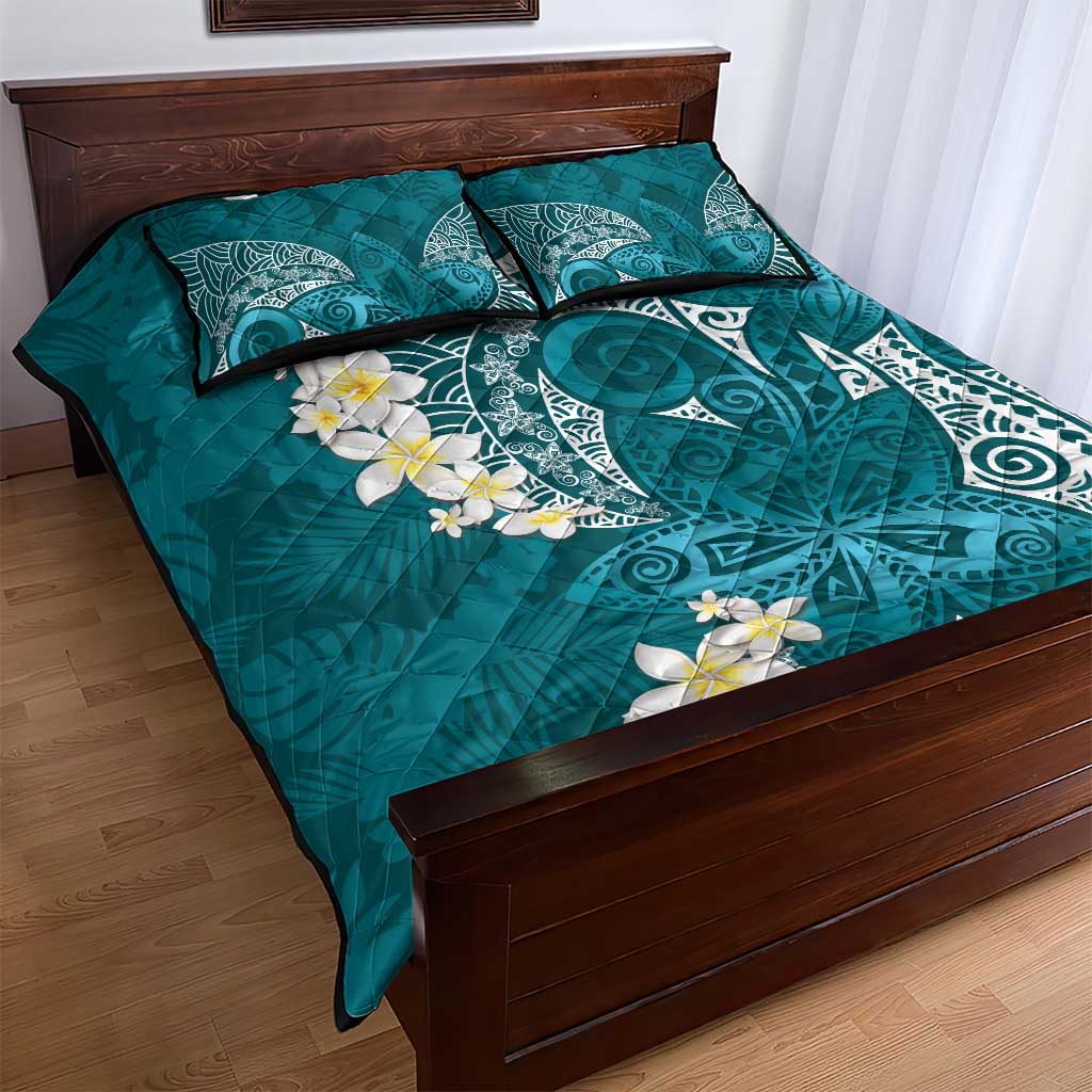 Cyan Polynesian Tribal Frangipani Tropical Vibe Quilt Bed Set