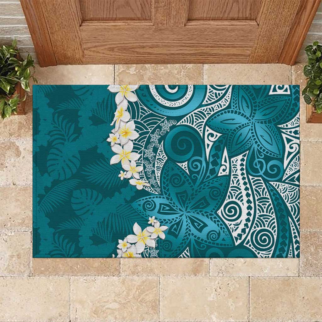 Cyan Polynesian Tribal Frangipani Tropical Vibe Rubber Doormat LT14 Cyan - Polynesian Pride