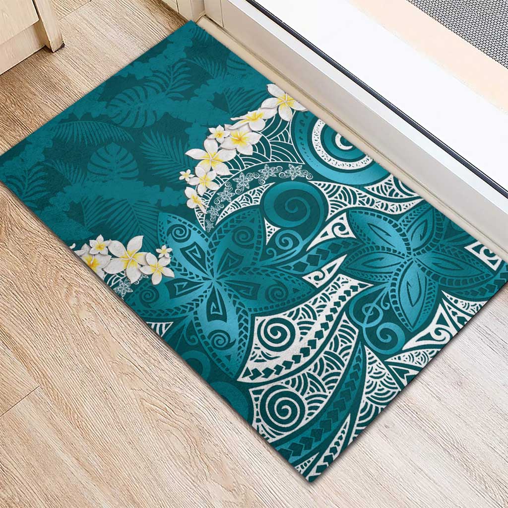 Cyan Polynesian Tribal Frangipani Tropical Vibe Rubber Doormat LT14 - Polynesian Pride