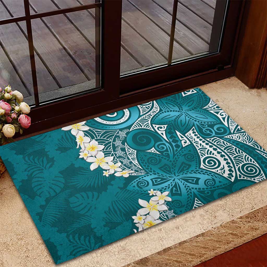 Cyan Polynesian Tribal Frangipani Tropical Vibe Rubber Doormat LT14 - Polynesian Pride