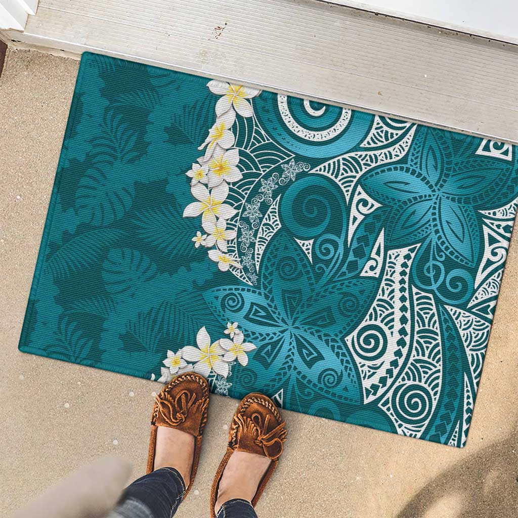 Cyan Polynesian Tribal Frangipani Tropical Vibe Rubber Doormat LT14 - Polynesian Pride