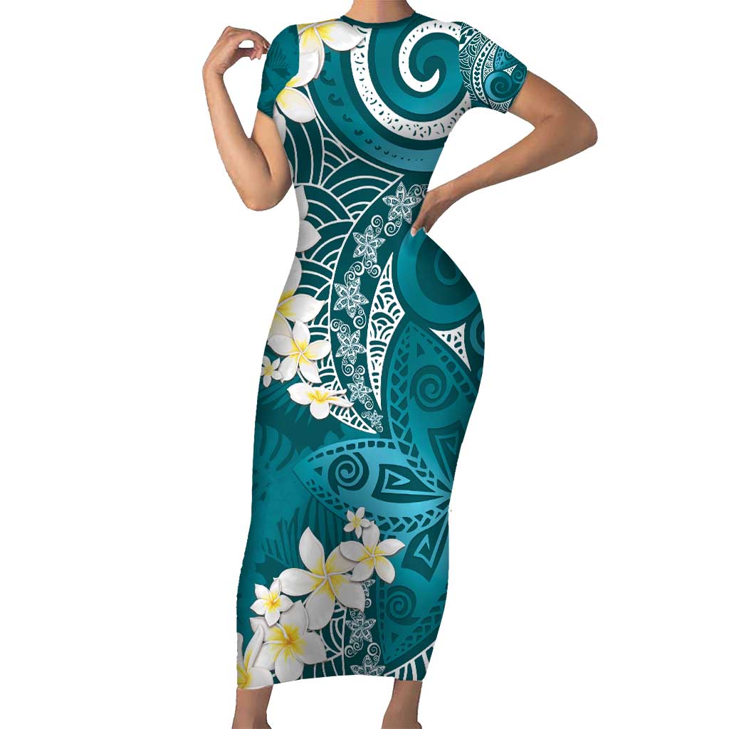 Cyan Polynesian Tribal Frangipani Tropical Vibe Short Sleeve Bodycon Dress