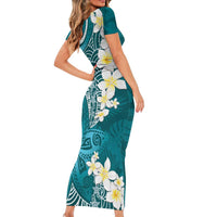 Cyan Polynesian Tribal Frangipani Tropical Vibe Short Sleeve Bodycon Dress