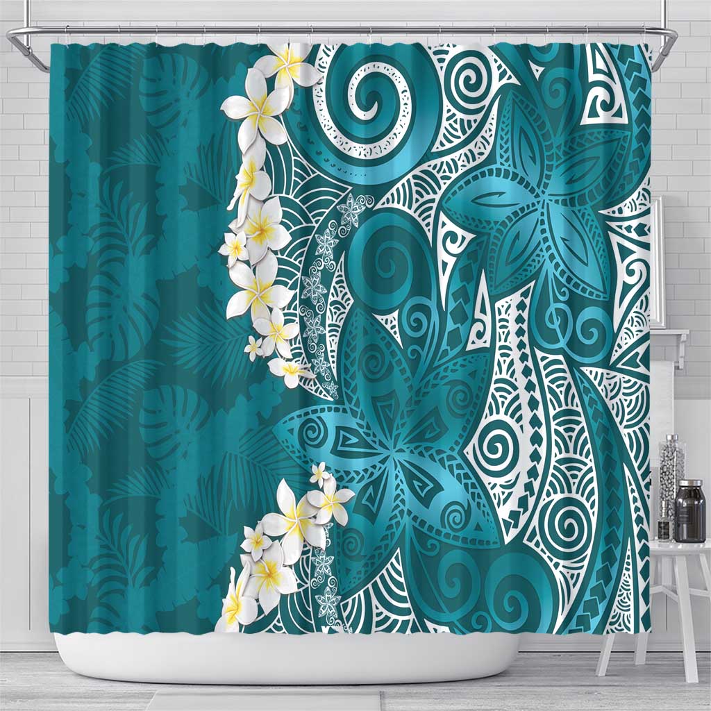 Cyan Polynesian Tribal Frangipani Tropical Vibe Shower Curtain
