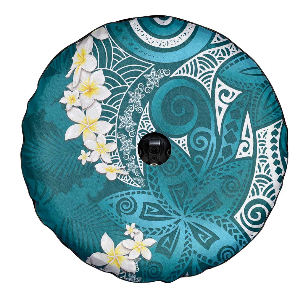 Cyan Polynesian Tribal Frangipani Tropical Vibe Spare Tire Cover