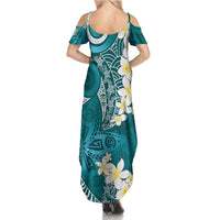 Cyan Polynesian Tribal Frangipani Tropical Vibe Summer Maxi Dress