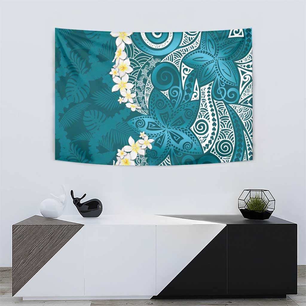Cyan Polynesian Tribal Frangipani Tropical Vibe Tapestry
