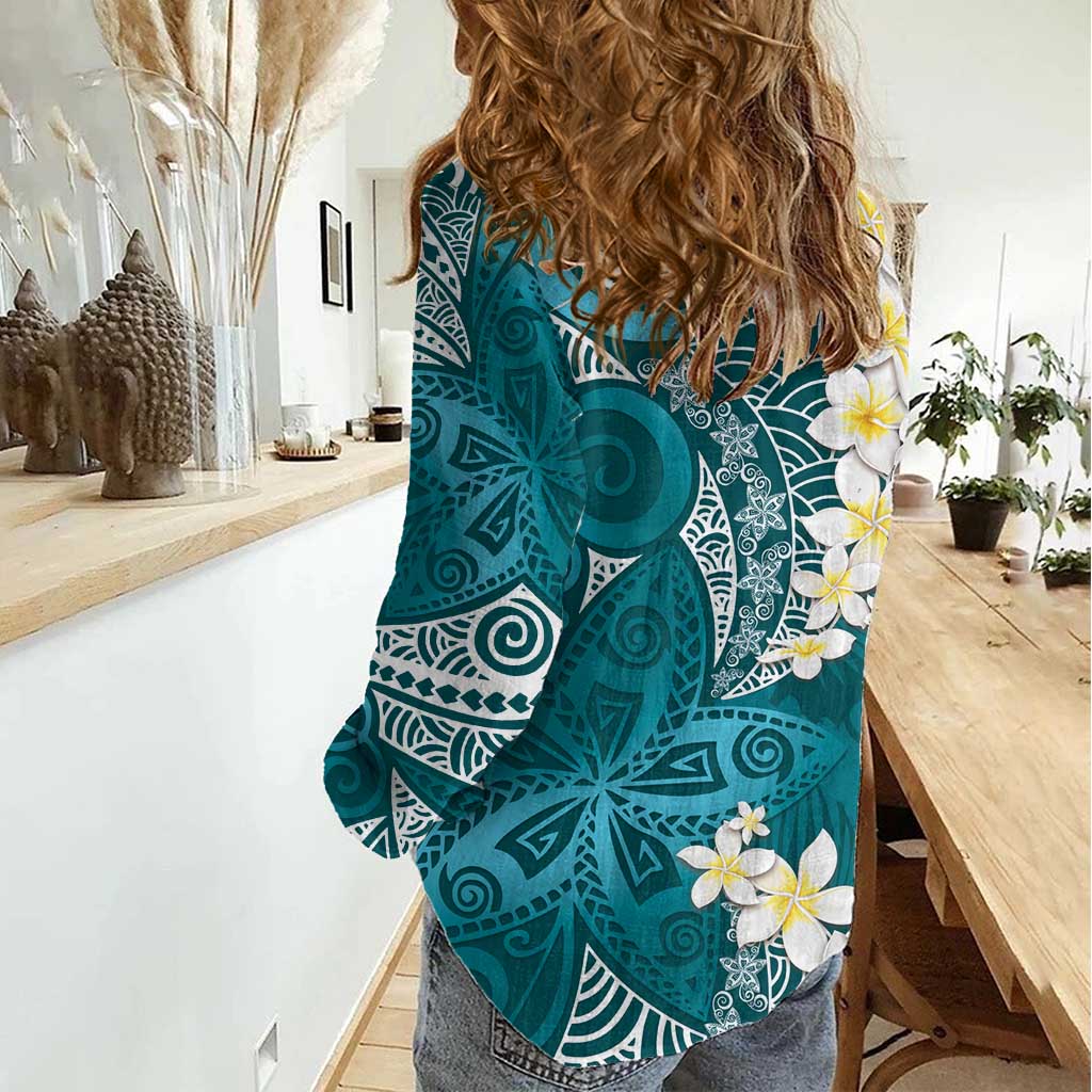 Cyan Polynesian Tribal Frangipani Tropical Vibe Women Casual Shirt LT14 - Polynesian Pride