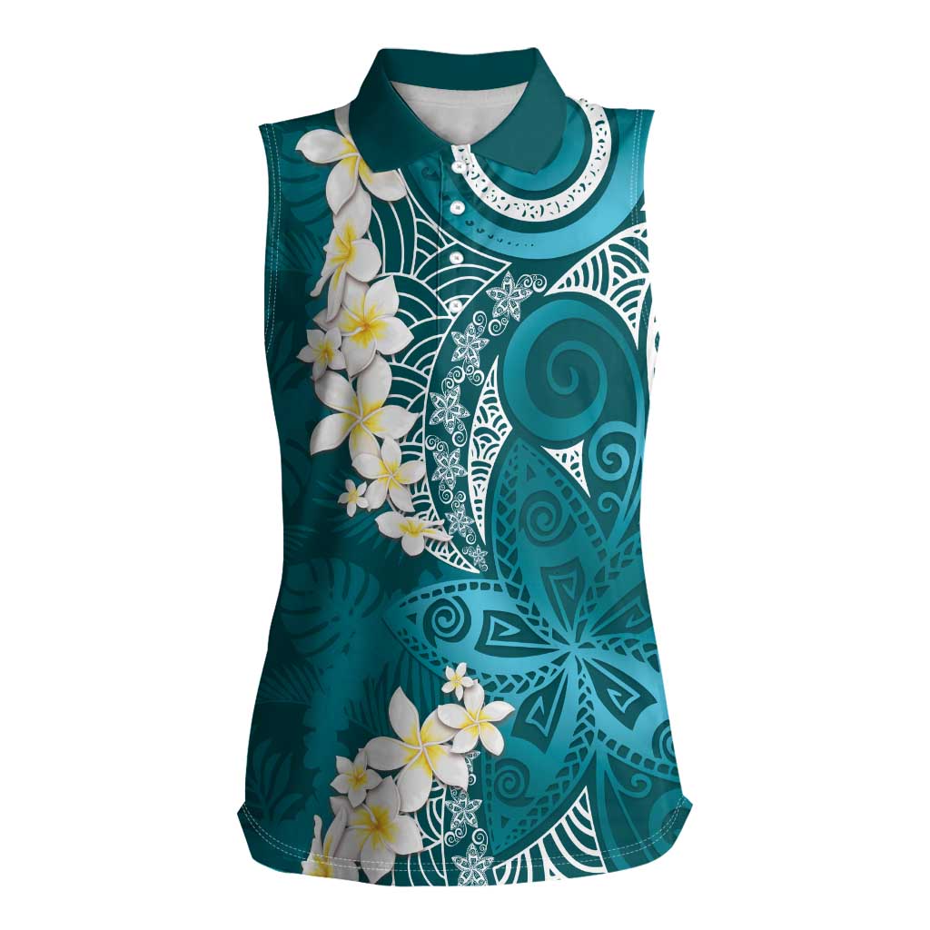 Cyan Polynesian Tribal Frangipani Tropical Vibe Women Sleeveless Polo Shirt LT14 Female Cyan - Polynesian Pride