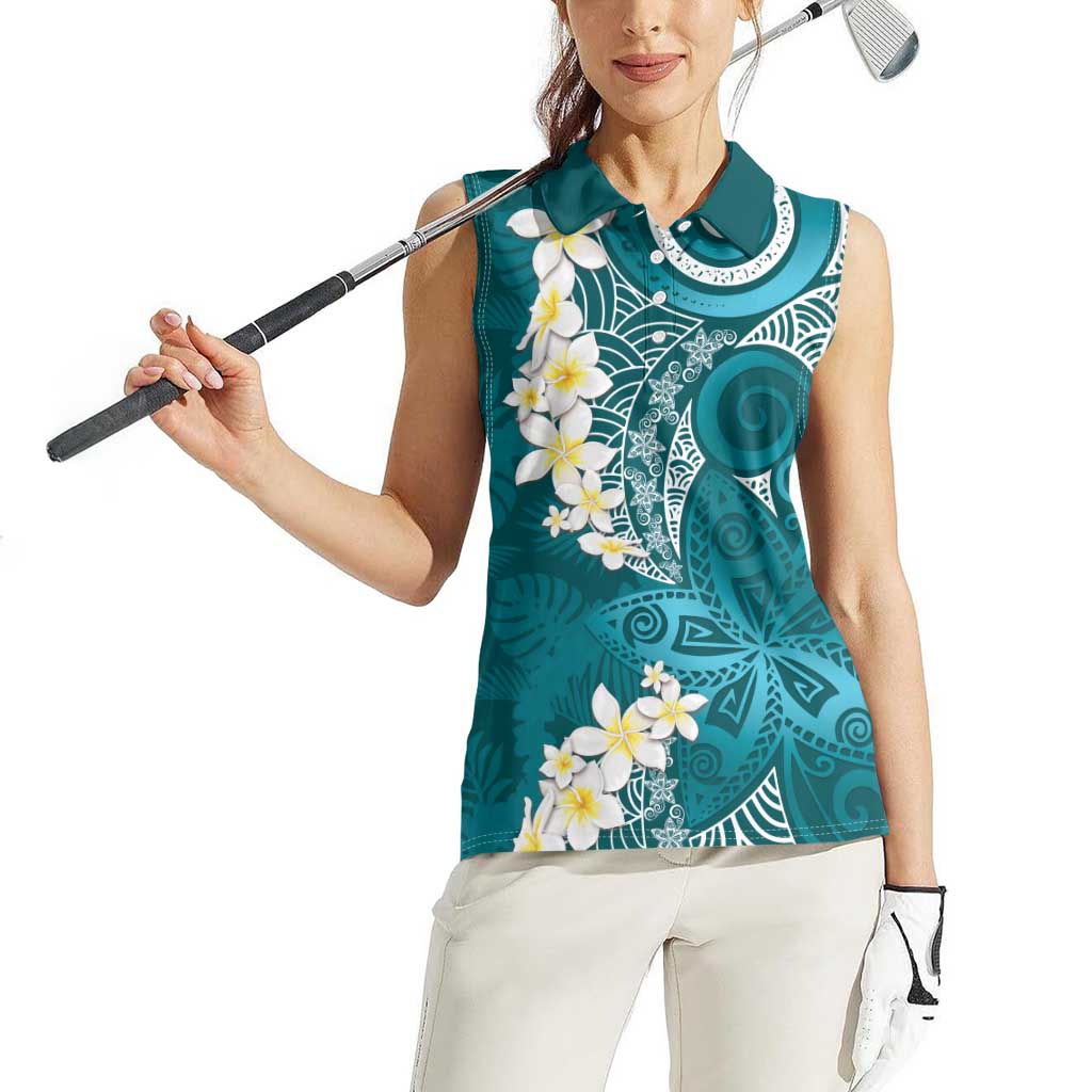 Cyan Polynesian Tribal Frangipani Tropical Vibe Women Sleeveless Polo Shirt LT14 - Polynesian Pride