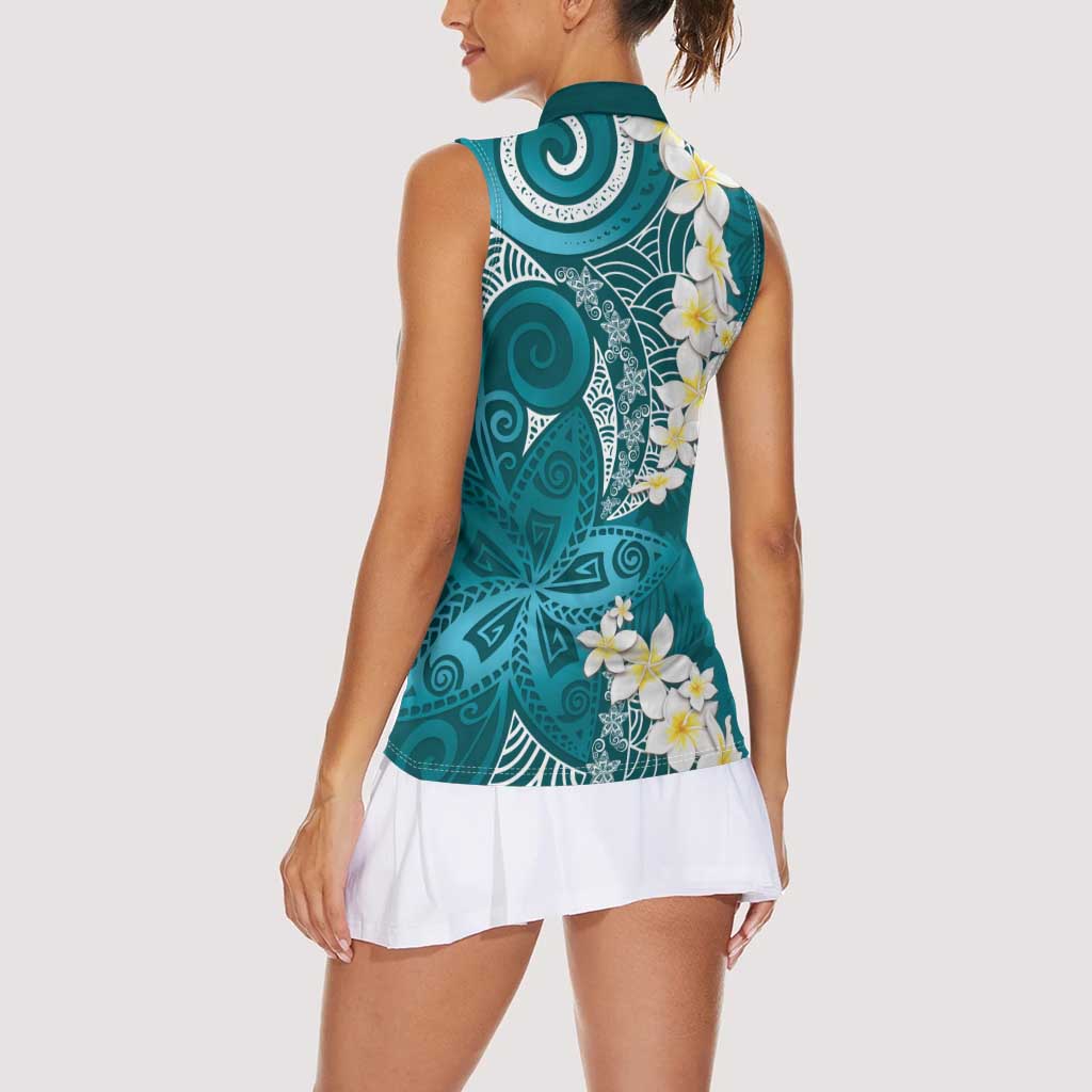 Cyan Polynesian Tribal Frangipani Tropical Vibe Women Sleeveless Polo Shirt LT14 - Polynesian Pride
