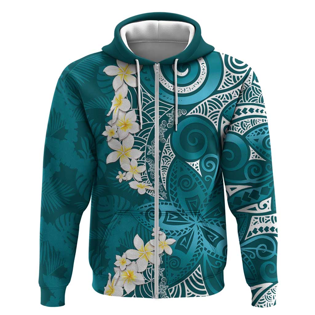 Cyan Polynesian Tribal Frangipani Tropical Vibe Zip Hoodie