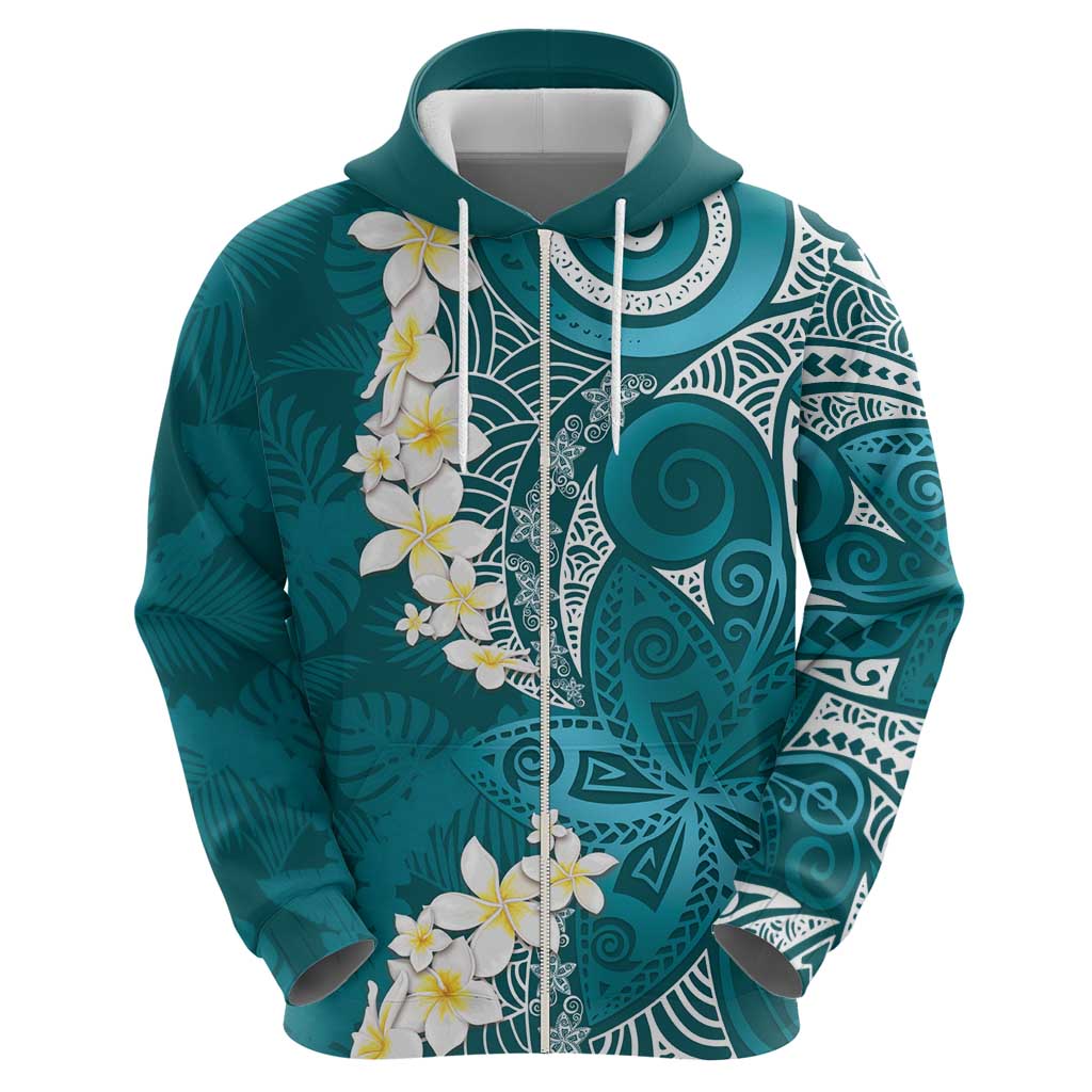 Cyan Polynesian Tribal Frangipani Tropical Vibe Zip Hoodie