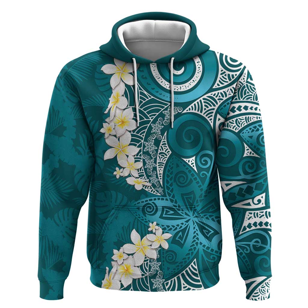Cyan Polynesian Tribal Frangipani Tropical Vibe Zip Hoodie