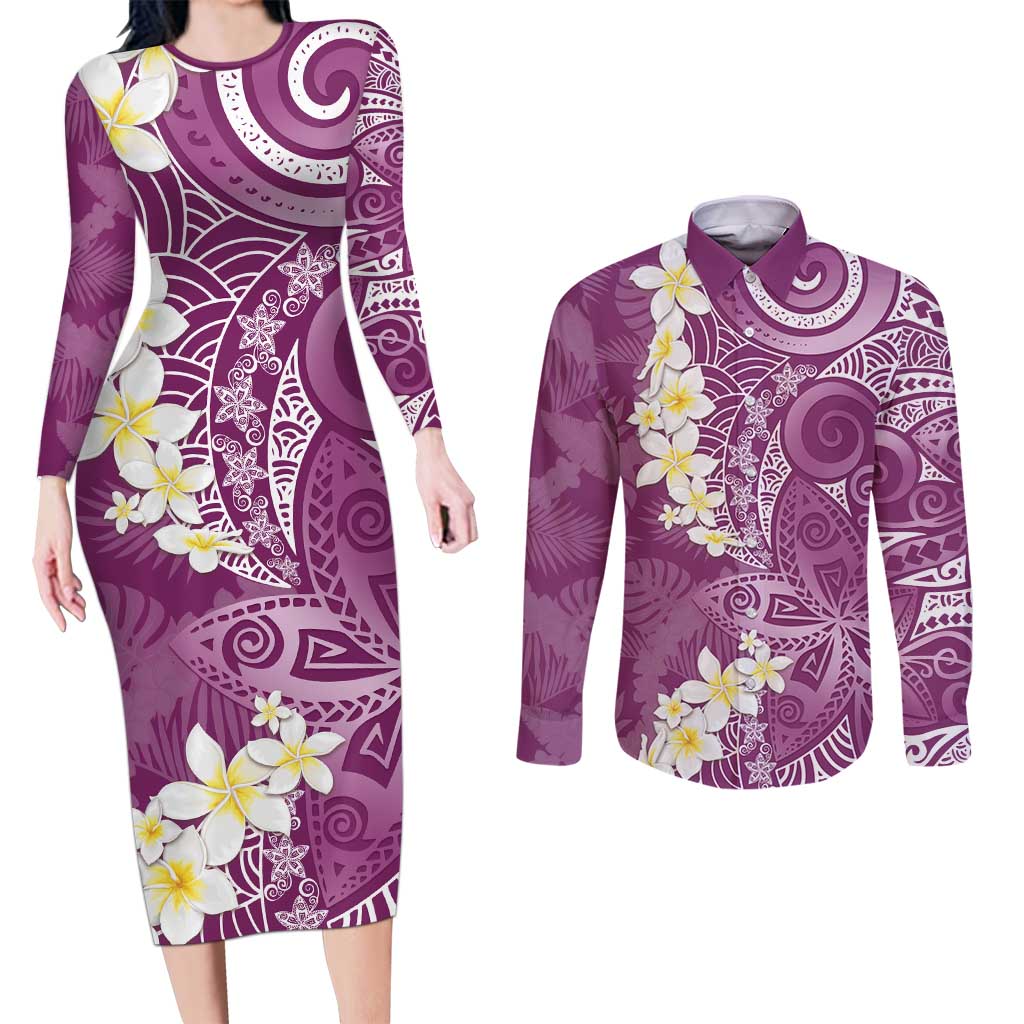 Pink Polynesian Tribal Frangipani Tropical Vibe Couples Matching Long Sleeve Bodycon Dress and Long Sleeve Button Shirt LT14 Pink - Polynesian Pride