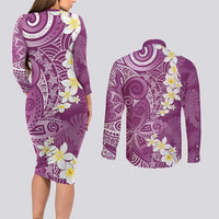 Pink Polynesian Tribal Frangipani Tropical Vibe Couples Matching Long Sleeve Bodycon Dress and Long Sleeve Button Shirt LT14 - Polynesian Pride
