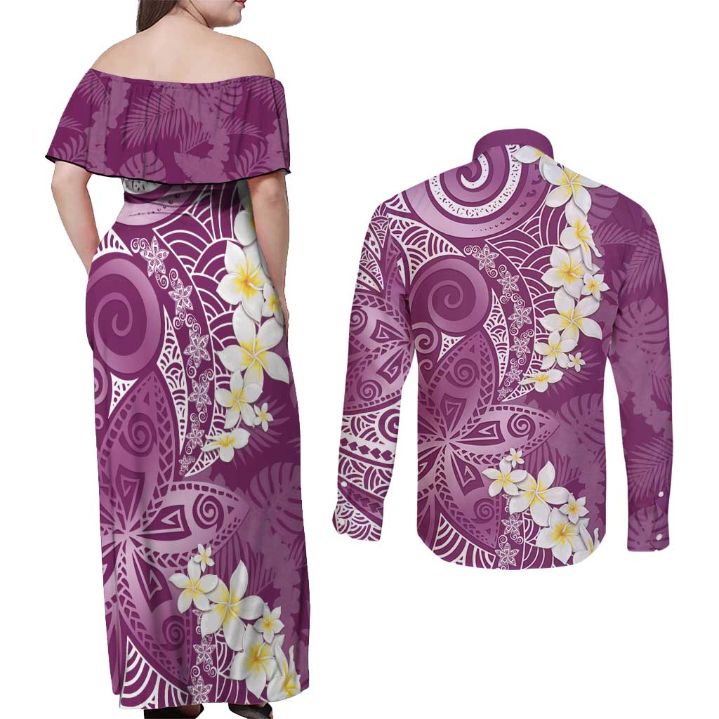 Pink Polynesian Tribal Frangipani Tropical Vibe Couples Matching Off Shoulder Maxi Dress and Long Sleeve Button Shirt LT14 - Polynesian Pride