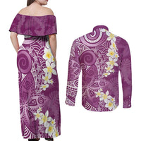 Pink Polynesian Tribal Frangipani Tropical Vibe Couples Matching Off Shoulder Maxi Dress and Long Sleeve Button Shirt LT14 - Polynesian Pride