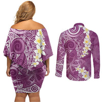 Pink Polynesian Tribal Frangipani Tropical Vibe Couples Matching Off Shoulder Short Dress and Long Sleeve Button Shirt LT14 - Polynesian Pride
