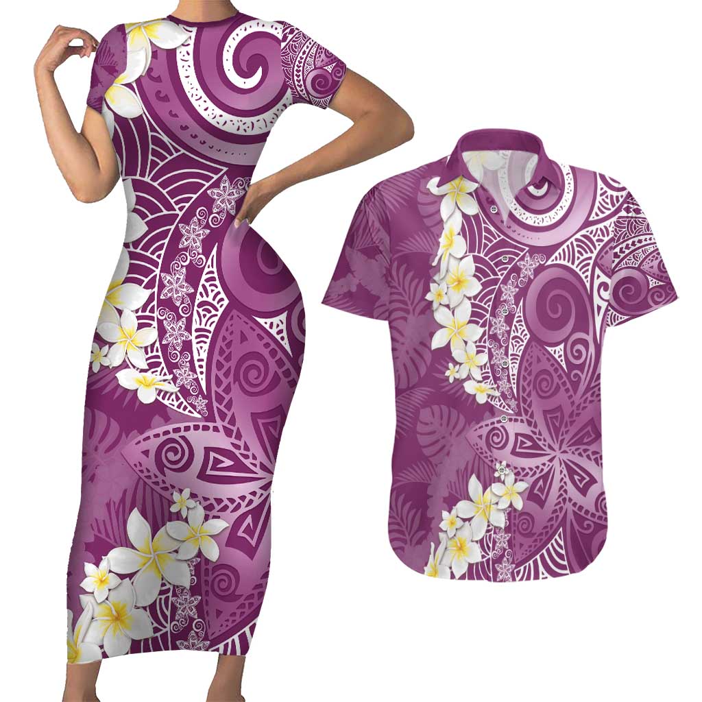Pink Polynesian Tribal Frangipani Tropical Vibe Couples Matching Short Sleeve Bodycon Dress and Hawaiian Shirt