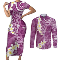 Pink Polynesian Tribal Frangipani Tropical Vibe Couples Matching Short Sleeve Bodycon Dress and Long Sleeve Button Shirt LT14 Pink - Polynesian Pride
