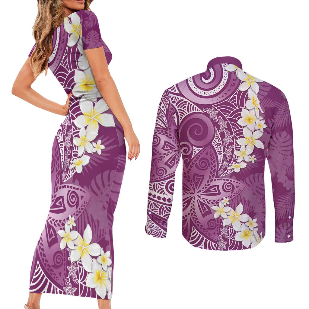 Pink Polynesian Tribal Frangipani Tropical Vibe Couples Matching Short Sleeve Bodycon Dress and Long Sleeve Button Shirt LT14 - Polynesian Pride