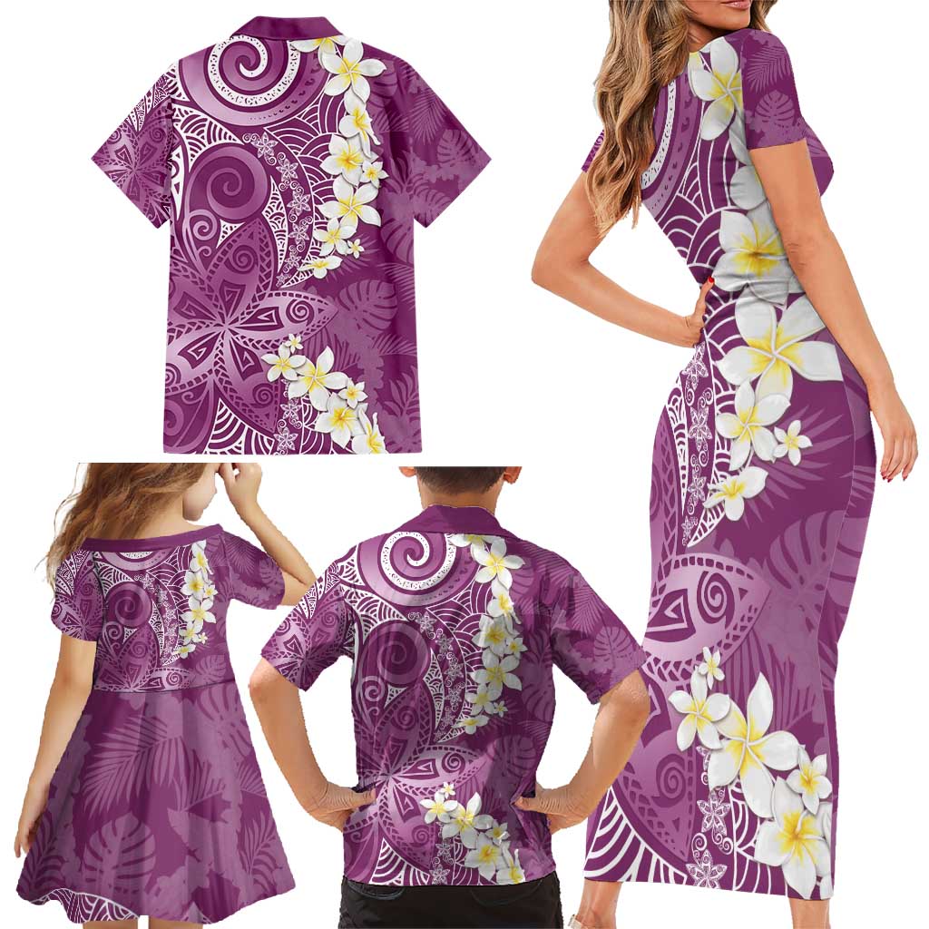 Pink Polynesian Tribal Frangipani Tropical Vibe Family Matching Short Sleeve Bodycon Dress and Hawaiian Shirt