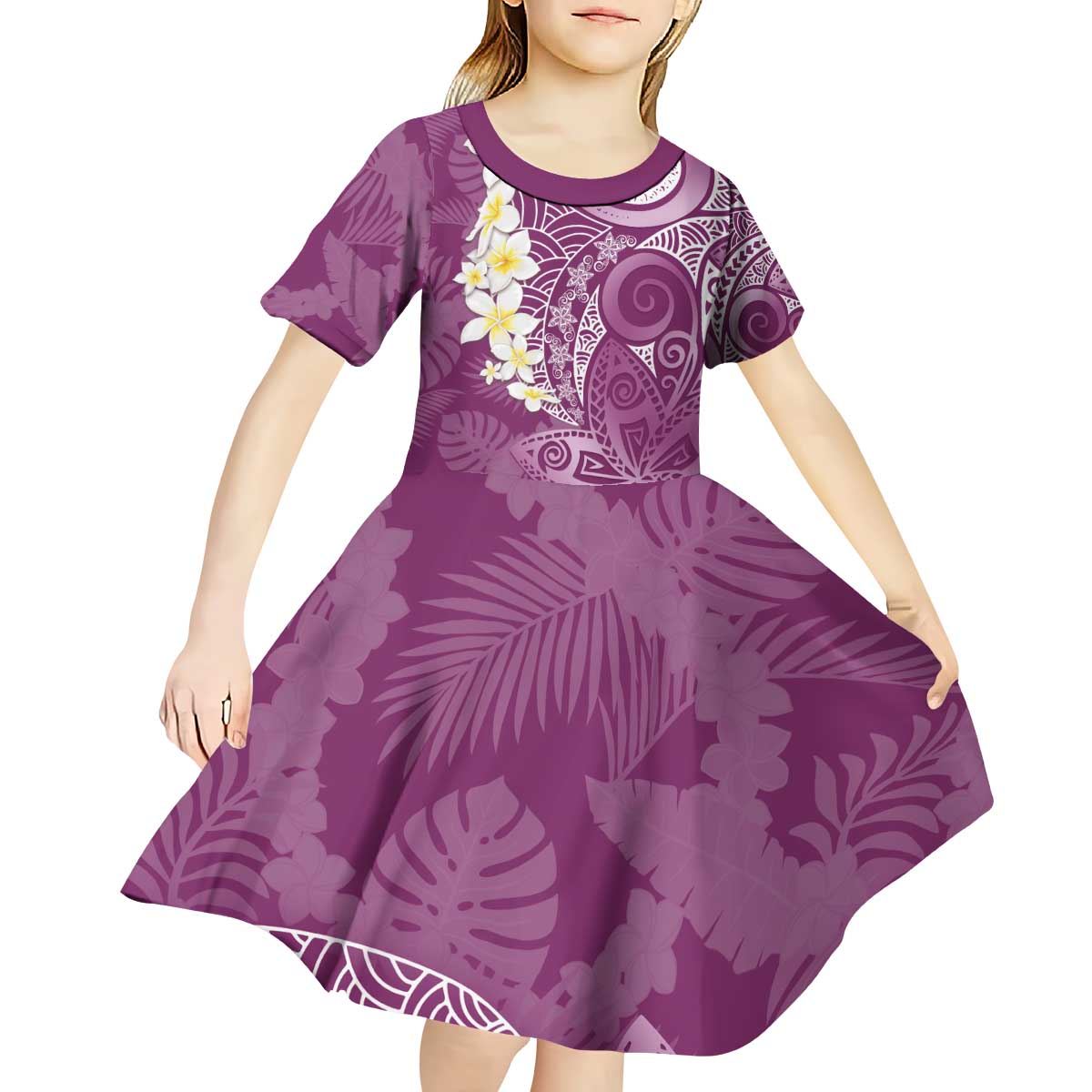 Pink Polynesian Tribal Frangipani Tropical Vibe Kid Short Sleeve Dress