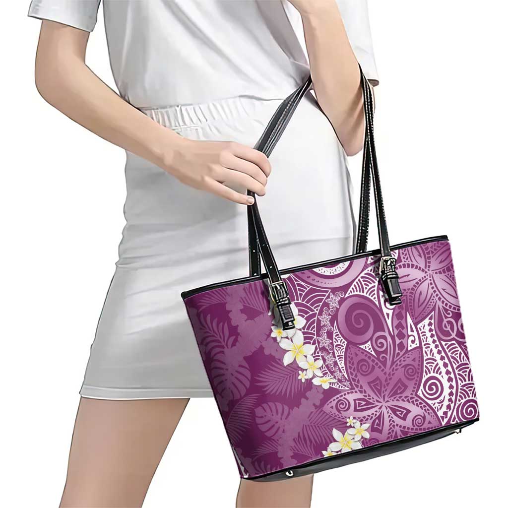 Pink Polynesian Tribal Frangipani Tropical Vibe Leather Tote Bag