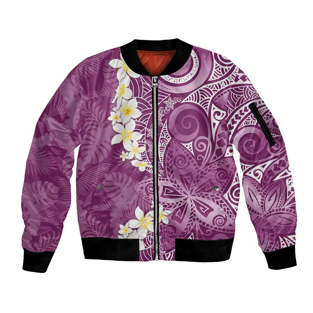 Pink Polynesian Tribal Frangipani Tropical Vibe Sleeve Zip Bomber Jacket
