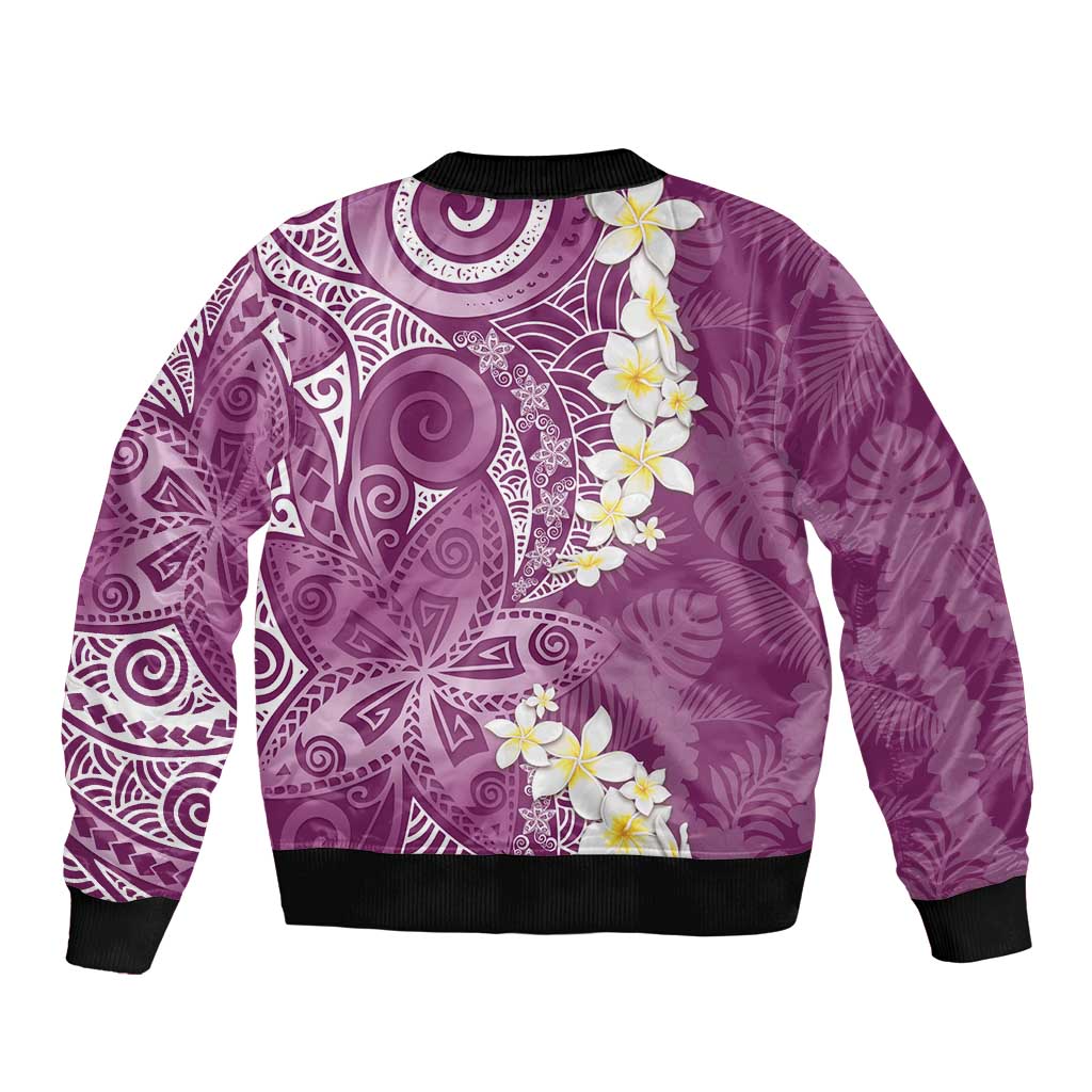 Pink Polynesian Tribal Frangipani Tropical Vibe Sleeve Zip Bomber Jacket