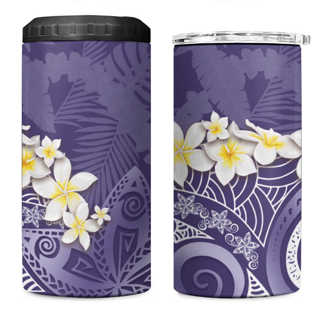 Violet Polynesian Tribal Frangipani Tropical Vibe 4 in 1 Can Cooler Tumbler