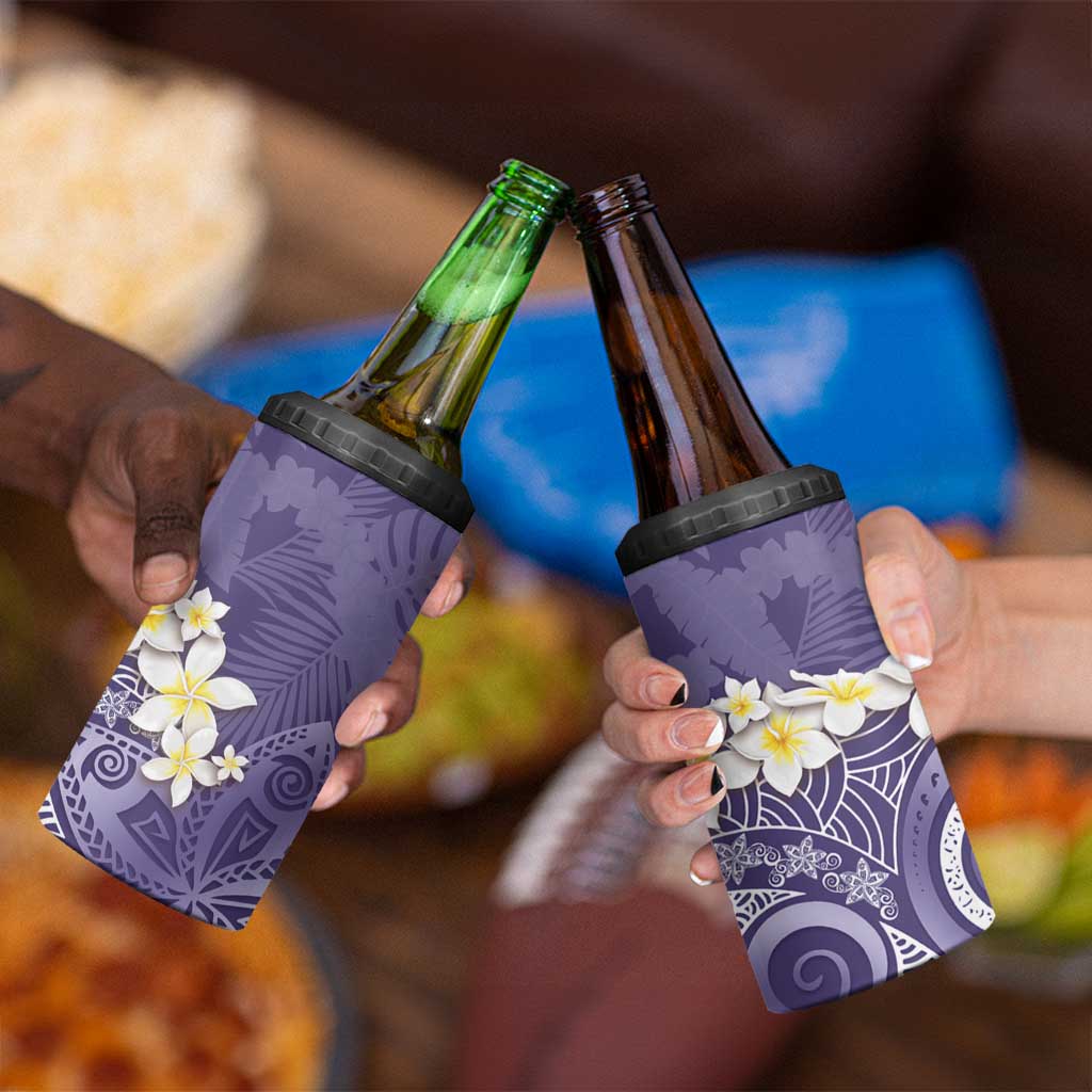 Violet Polynesian Tribal Frangipani Tropical Vibe 4 in 1 Can Cooler Tumbler