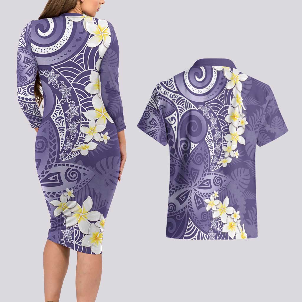 Violet Polynesian Tribal Frangipani Tropical Vibe Couples Matching Long Sleeve Bodycon Dress and Hawaiian Shirt